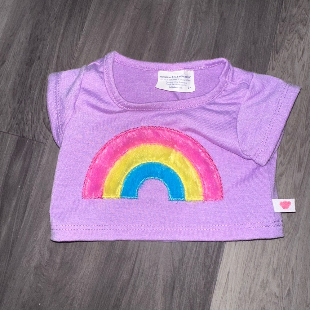 Build-A-Bear Workshop Fuzzy Rainbow T-Shirt Short Sleeve Shirt Top RARE HTF BABW